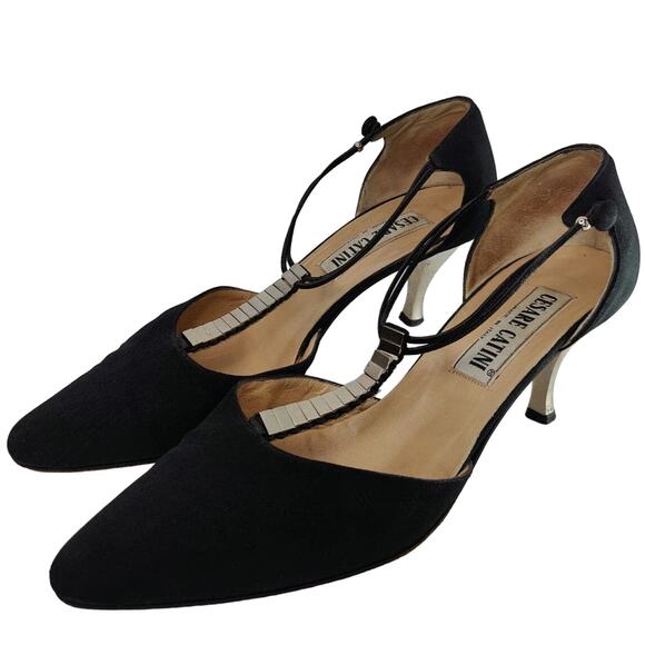 Vintage 90s Black Cesare Catini made in Italy kitten heels sz 8.5 - Picture 1 of 9